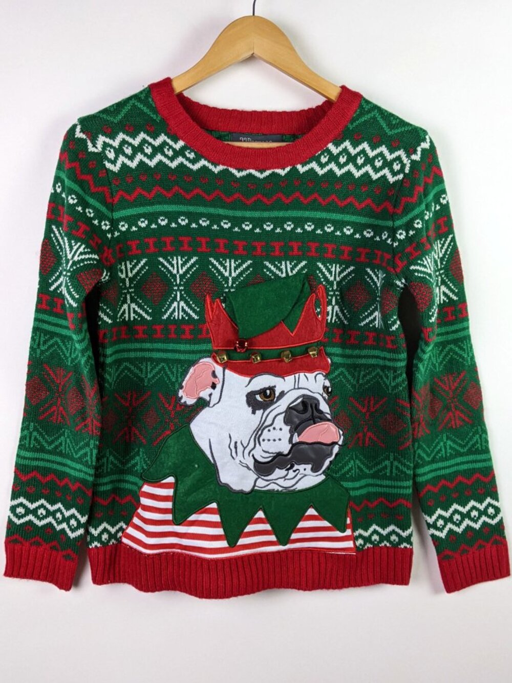 33 Degrees Big Kids 14/16(L) Christmas Green Bulldog Elf Holiday Pullover